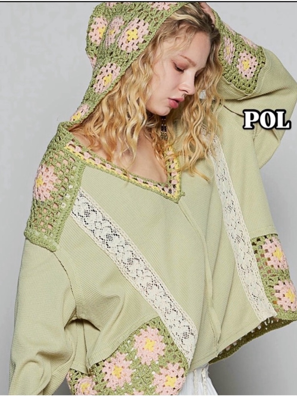 NWT POL Light Green Crochet-Trim Hooded Top with Pink Accents